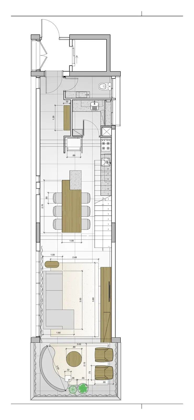 Planta do pavimento inferior: hall, lavabo, área de serviço, cozinha, jantar, living e varanda