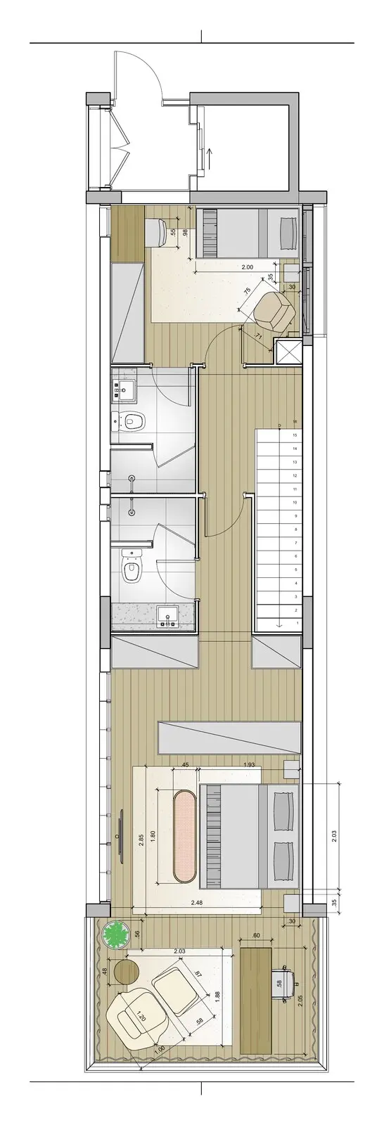 Planta do pavimento superior: suíte 1, banho, banho master, closet, suíte master e varanda